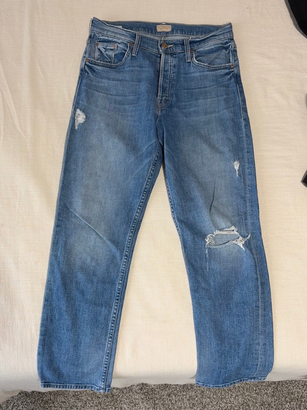 Mother Light Blue Distressed Straight-Leg Jeans